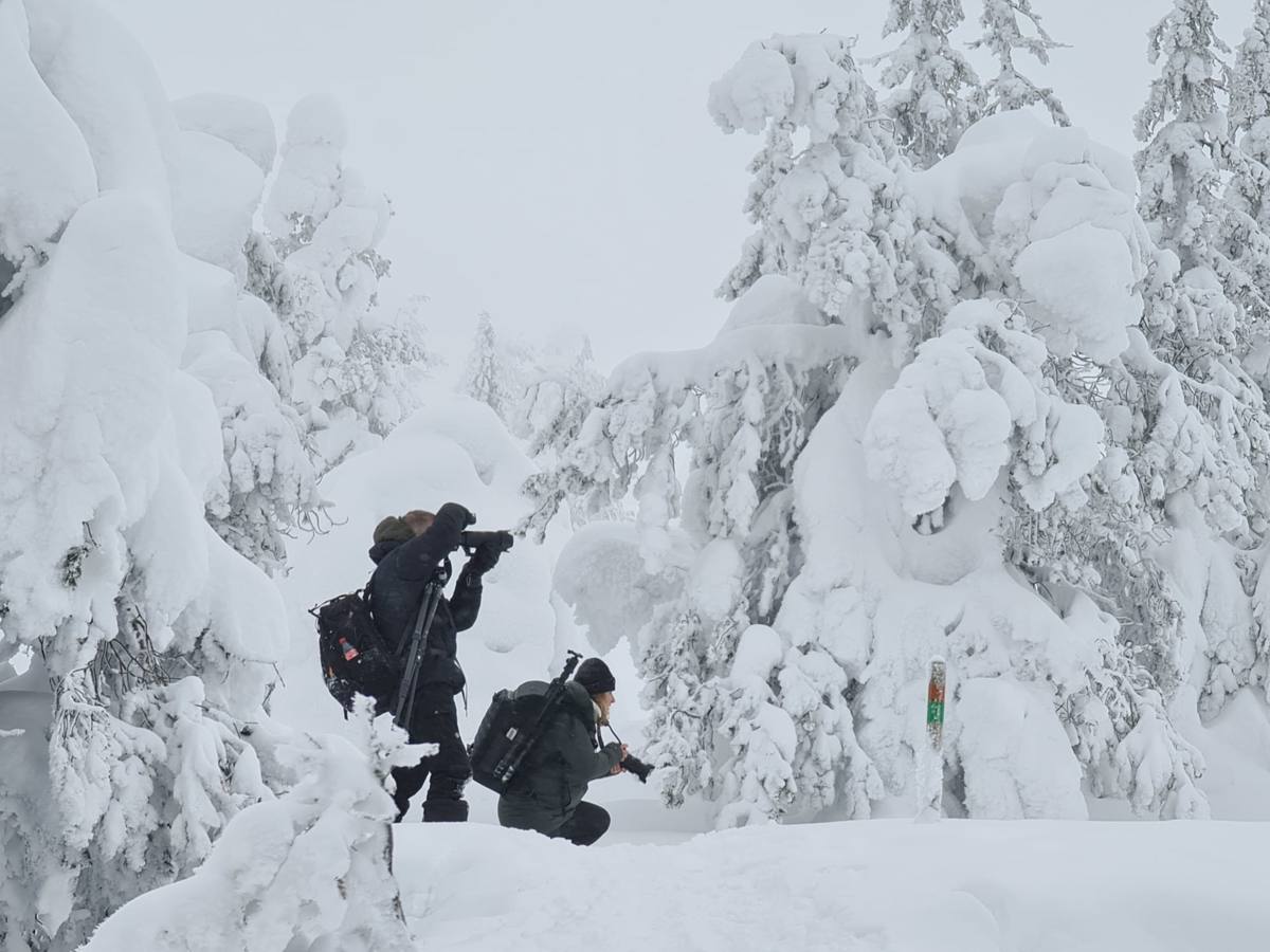 Fotograaf deelnemers in sneeuw